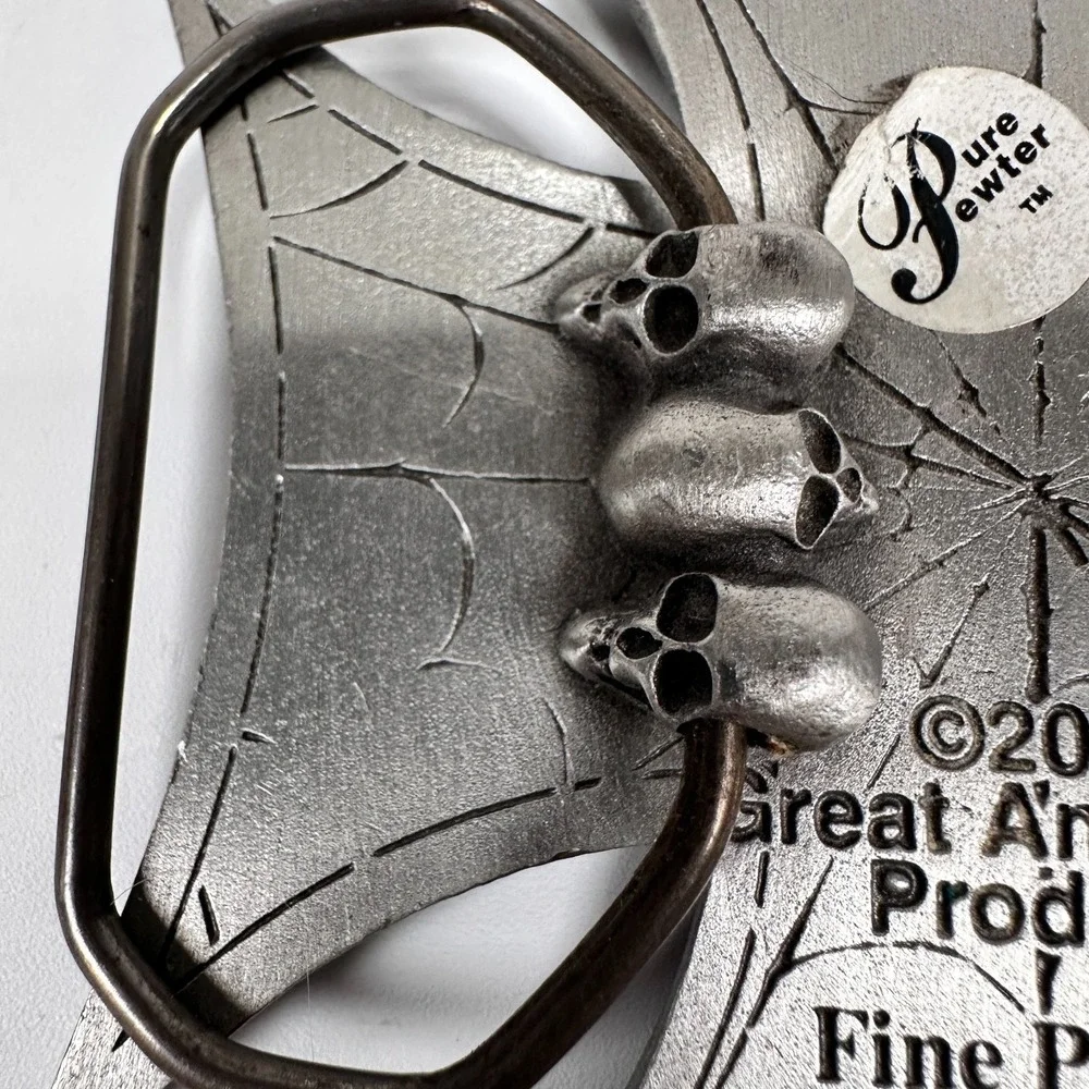 VTG BELT BUCKLE Spiderweb Iron Maltese Cross #4639 Pewter 2003 Black Skulls Goth